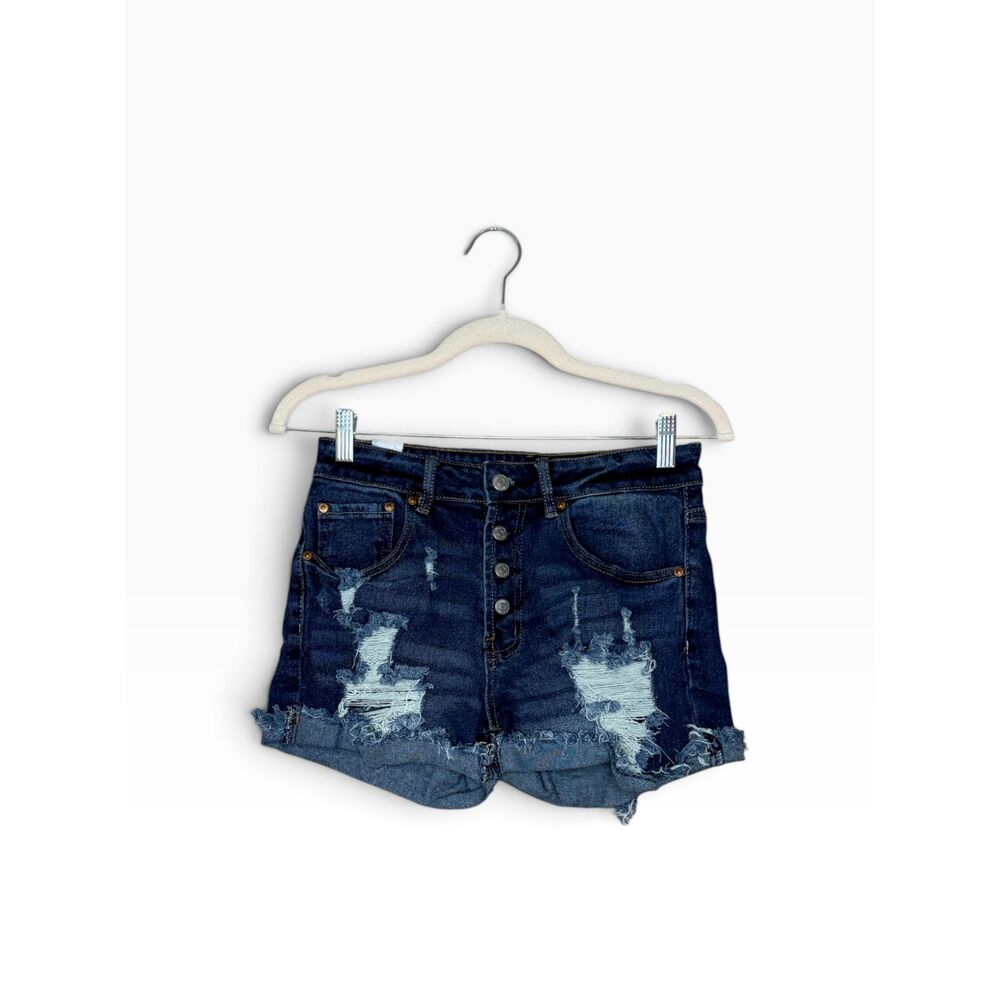 Almost Famous Women's High Rise Distressed Denim Shorts Button Fly Size 3
